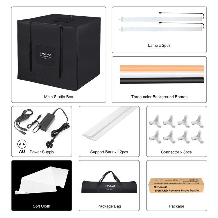 PULUZ 80cm Folding Portable 72W White Light Photo Lighting Studio Shooting Tent Box Kit with 3 Colors Black / White / Orange Backdrops(AU Plug) - by PULUZ | Online Shopping UK | buy2fix