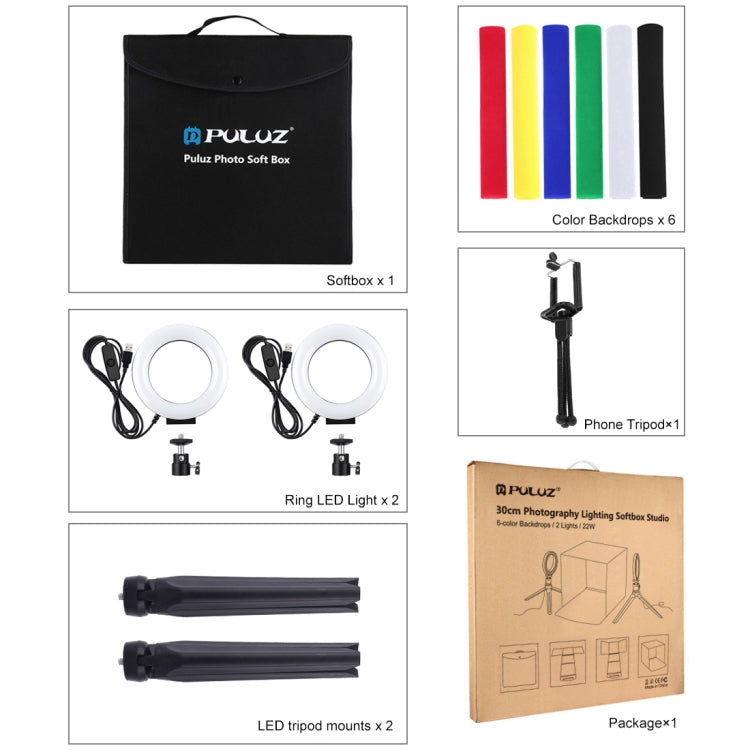 PULUZ 30cm Folding Portable Ring Light Photo Lighting Studio Shooting Tent Box Kit with 6 Colors Backdrops (Black, White, Yellow, Red, Green, Blue), Unfold Size: 31cm x 31cm x 32cm - by PULUZ | Online Shopping UK | buy2fix