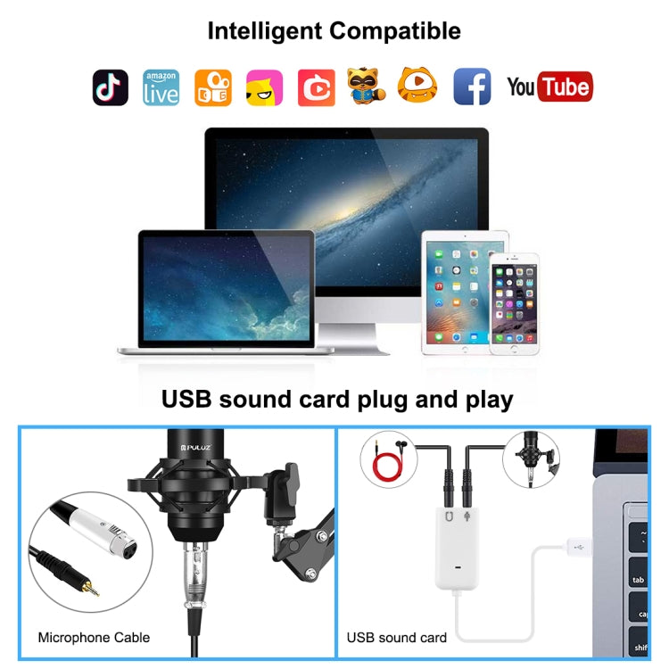 PULUZ Studio Broadcast Professional Singing Microphone Kits with Suspension Scissor Arm & Metal Shock Mount & USB Sound Card(Black) - Microphone by PULUZ | Online Shopping UK | buy2fix