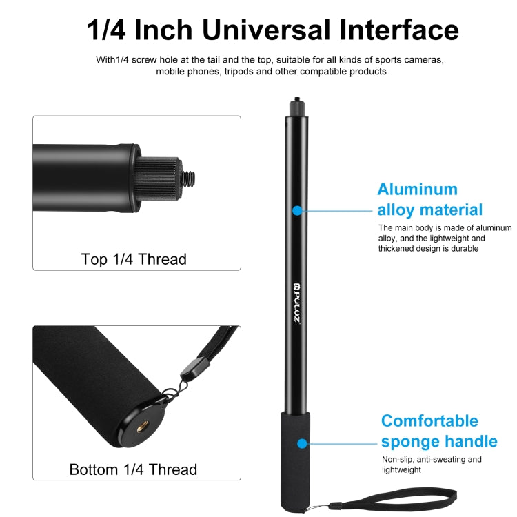 PULUZ 2m Metal Selfie Stick Monopod for Insta360 One RS / X2 / X3 / X4 / DJI Osmo 360 (Black) - Self Monopod Grip by PULUZ | Online Shopping UK | buy2fix