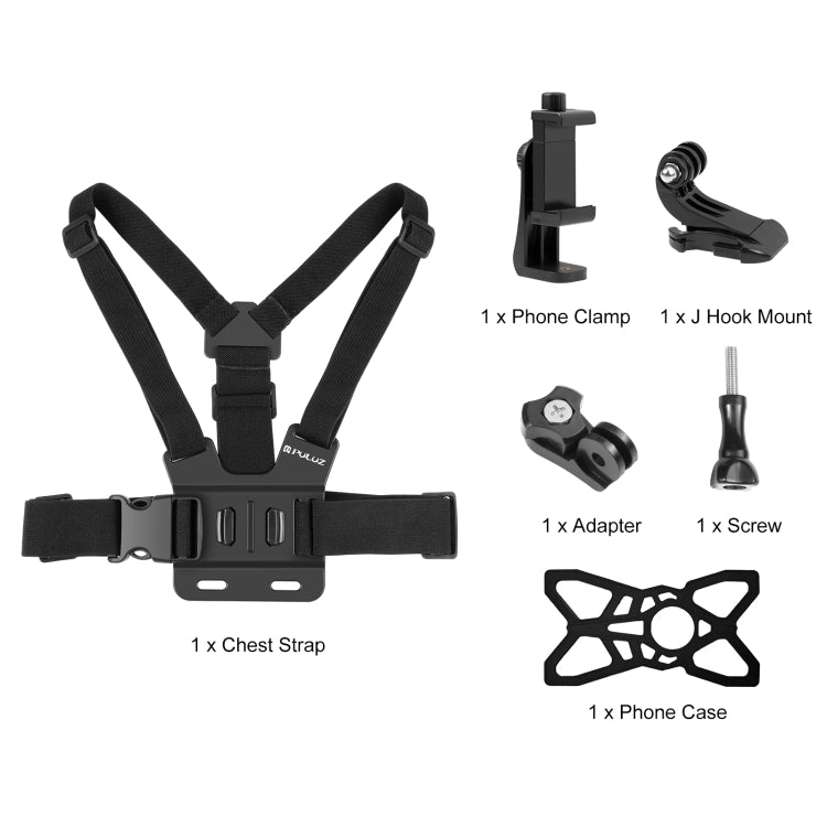 PULUZ 5 in 1 Adjustable Body Mount Belt Chest Strap with Phone Clamp & J Hook Mount & Long Screw Kit by PULUZ