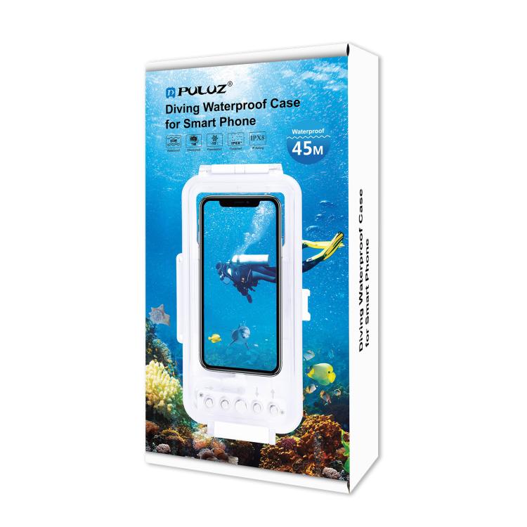 PULUZ 45m/147ft Waterproof Diving Case Photo Video Taking Underwater Housing Cover for iPhone 16 / 16 Pro / 15 / 15 Pro, Galaxy, Huawei, Xiaomi, Google Android OTG Smartphones with Type-C Port(White) - Galaxy S22+ 5G Cases by PULUZ | Online Shopping UK | buy2fix