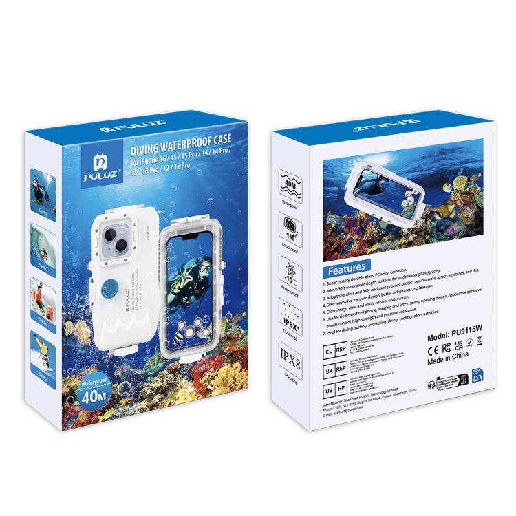 PULUZ 40m/130ft Waterproof Diving Case for iPhone 16 / 15 / 15 Pro / 14 / 14 Pro / 13 / 13 Pro / 12 / 12 Pro, with One-way Valve Photo Video Taking Underwater Housing Cover(White) - iPhone 14 Cases by PULUZ | Online Shopping UK | buy2fix