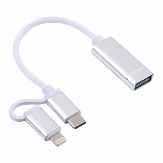 USB 3.0 Female to 8 Pin + USB-C / Type-C Male Charging + Transmission OTG Nylon Braided Adapter Cable, Cable Length: 11cm(Silver + White) by buy2fix