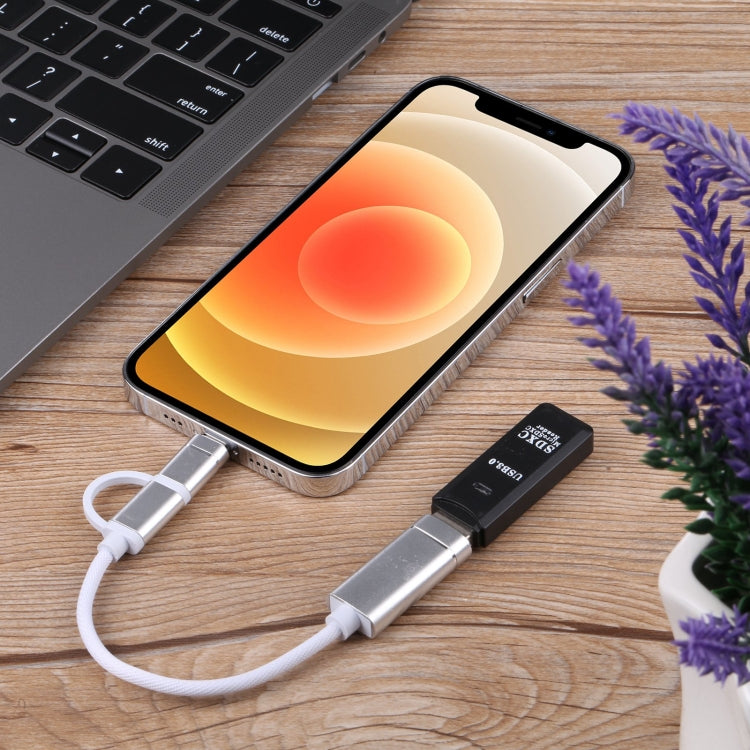 USB 3.0 Female to 8 Pin + USB-C / Type-C Male Charging + Transmission OTG Nylon Braided Adapter Cable, Cable Length: 11cm(Silver + White) by buy2fix