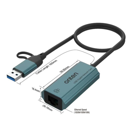 Onten UE101 2 in 1 USB3.0 Gigabit Network Card USB-C/Type-C to Network Port USB Hub(Blue) - USB HUB by Onten | Online Shopping UK | buy2fix