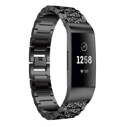 Diamond-studded Solid Stainless Steel Watch Band for Fitbit Charge 3(Black) by buy2fix