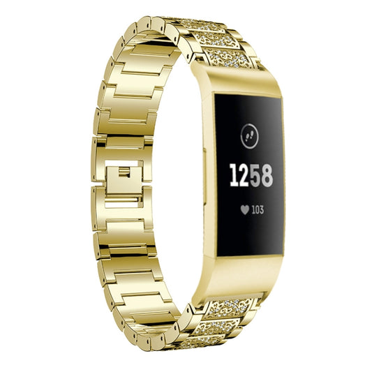 Diamond-studded Solid Stainless Steel Watch Band for Fitbit Charge 3(Gold) by buy2fix