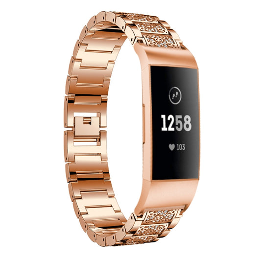 Diamond-studded Solid Stainless Steel Watch Band for Fitbit Charge 3(Rose Gold) by buy2fix