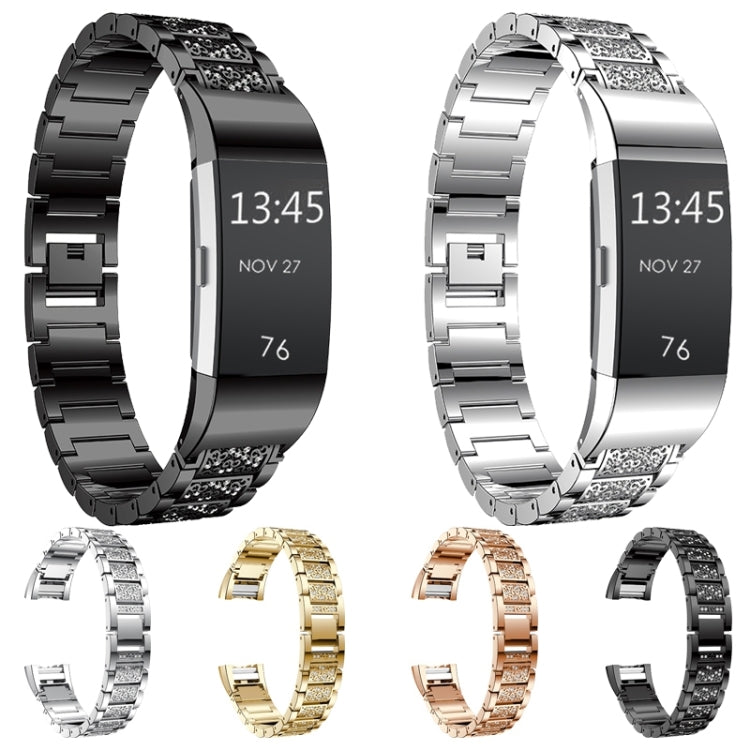 Diamond-studded Solid Stainless Steel Watch Band for Fitbit Charge 2(Black) by buy2fix