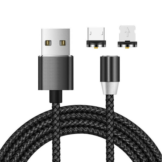 2 in 1 USB to 8 Pin + Micro USB Magnetic Metal Interface Nylon Braided Charging Cable, Length: 1m(Black) by buy2fix