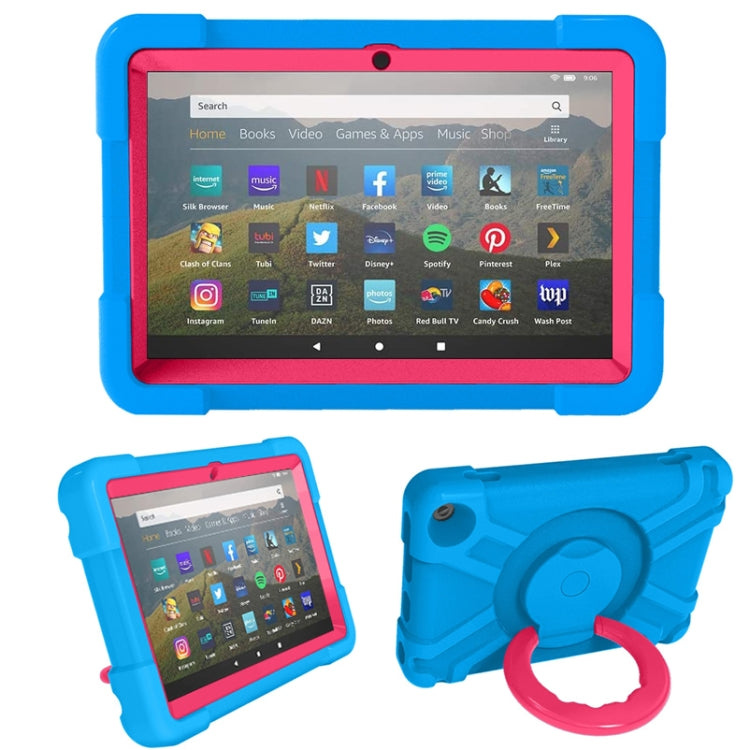 For Amazon Kindle Fire HD8 (2020) PC + Silicone Shockproof Combination Case with 360 Degree Rotating Holder & Handle(Blue + Rose Red) - by buy2fix | Online Shopping UK | buy2fix
