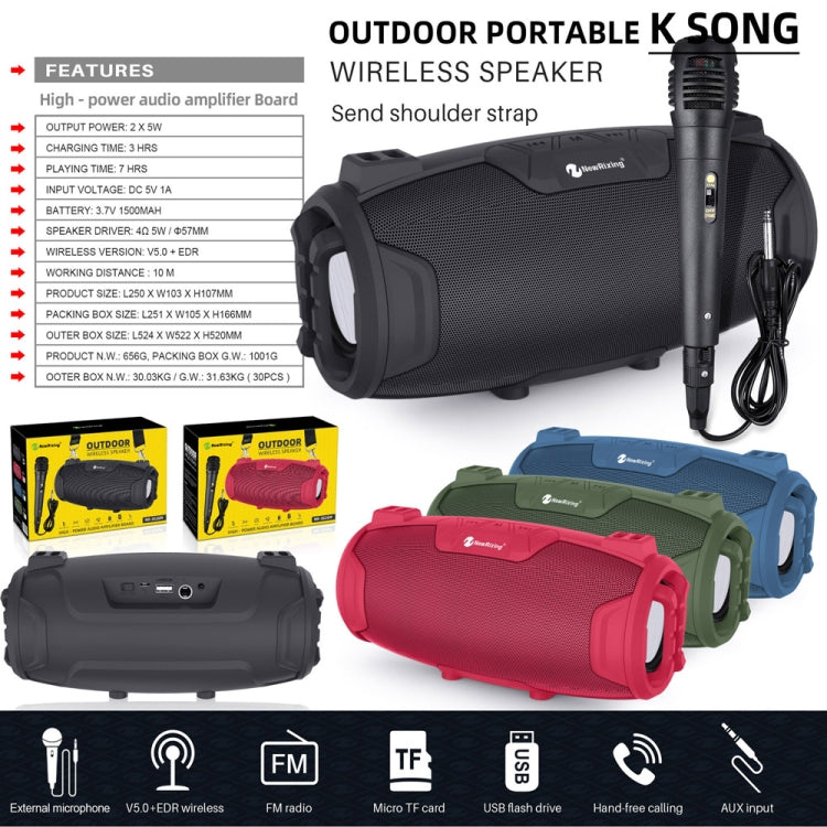 NewRixing NR3026M TWS Outdoor Portable K-song Bluetooth Speaker with Shoulder Strap & Microphone, Support TF Card / FM(Green) - Desktop Speaker by NewRixing | Online Shopping UK | buy2fix