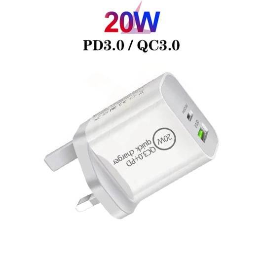 SDC-20WA+C 20W PD 3.0 + QC 3.0 USB Dual Fast Charging Universal Travel Charger with USB to 8 Pin Fast Charging Data Cable, UK Plug by buy2fix