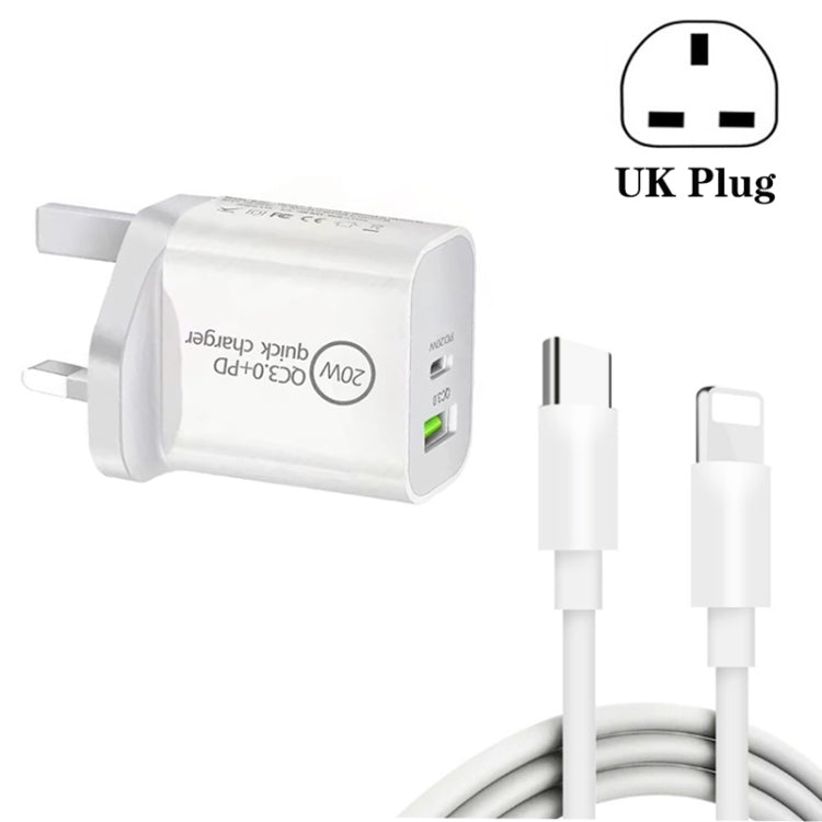 SDC-20WA+C 20W PD + QC 3.0 USB Dual Fast Charging Universal Travel Charger with Type-C / USB-C to 8 Pin Fast Charging Data Cable, UK Plug - USB Charger by buy2fix | Online Shopping UK | buy2fix