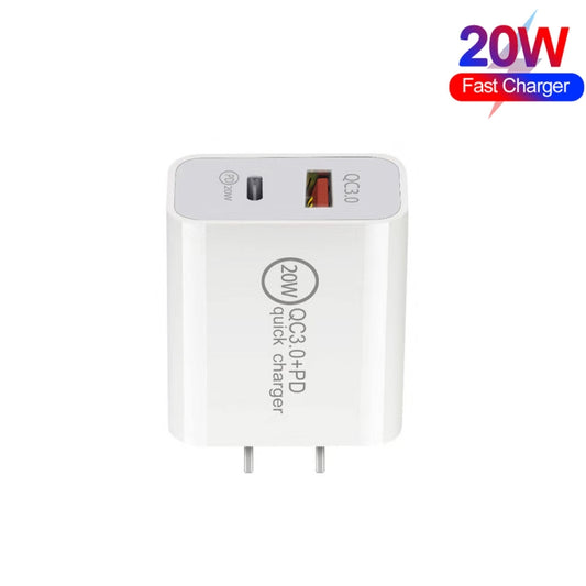 20W PD Type-C + QC 3.0 USB Interface Fast Charging Travel Charger with USB to Micro USB Fast Charge Data Cable US Plug by buy2fix