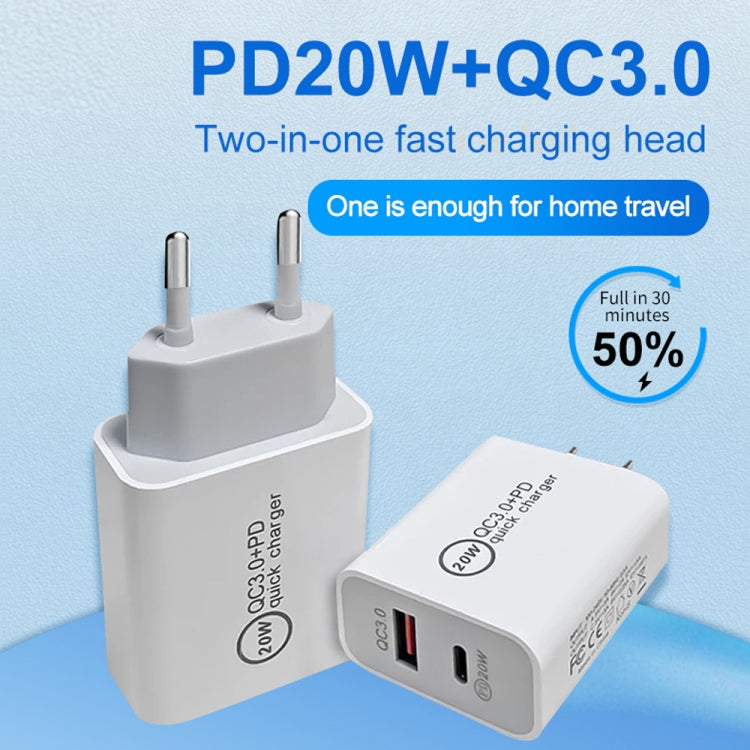 20W PD Type-C + QC 3.0 USB Interface Fast Charging Travel Charger with USB to Type-C Fast Charge Data Cable EU Plug - USB Charger by buy2fix | Online Shopping UK | buy2fix