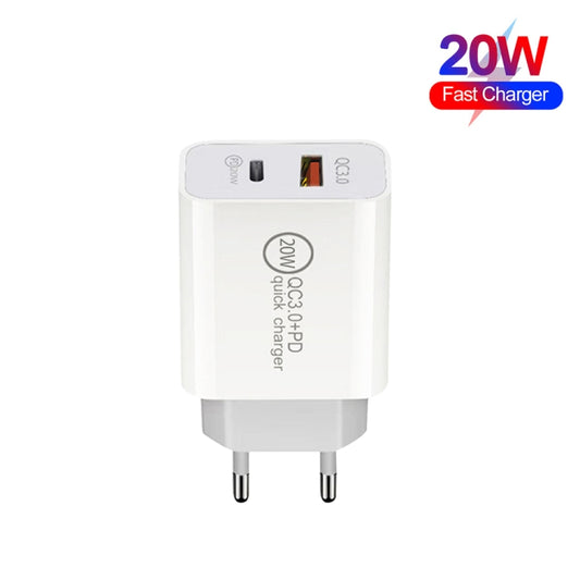 20W PD Type-C + QC 3.0 USB Interface Fast Charging Travel Charger with USB-C / Type-C to Type-C Fast Charge Data Cable EU Plug by buy2fix
