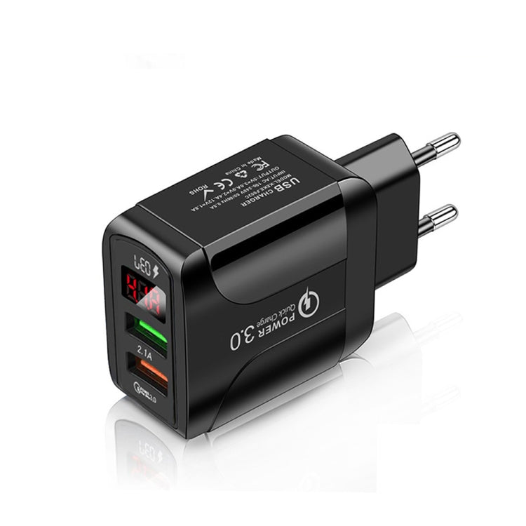 F002C QC3.0 USB + USB 2.0 Fast Charger with LED Digital Display for Mobile Phones and Tablets, EU Plug(Black) - USB Charger by buy2fix | Online Shopping UK | buy2fix