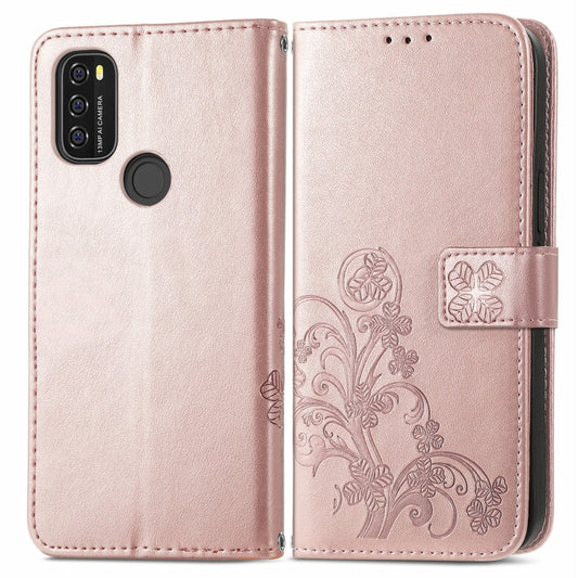 For Blackview A70 Four-leaf Clasp Embossed Buckle Mobile Phone Protection Leather Case with Lanyard & Card Slot & Wallet & Bracket Function(Rose Gold) by buy2fix