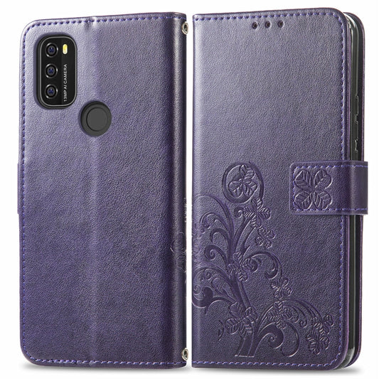 For Blackview A70 Four-leaf Clasp Embossed Buckle Mobile Phone Protection Leather Case with Lanyard & Card Slot & Wallet & Bracket Function(Purple) by buy2fix