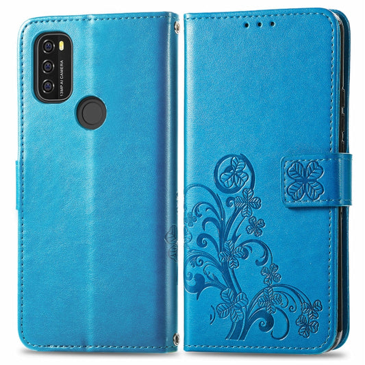 For Blackview A70 Four-leaf Clasp Embossed Buckle Mobile Phone Protection Leather Case with Lanyard & Card Slot & Wallet & Bracket Function(Blue) by buy2fix