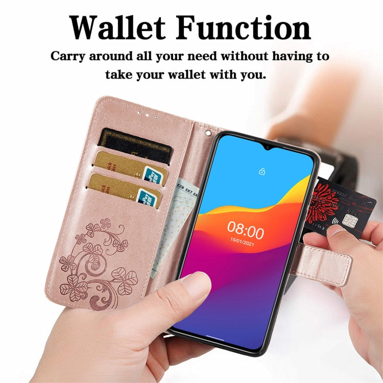For Ulefone Note 10 Four-leaf Clasp Embossed Buckle Mobile Phone Protection Leather Case with Lanyard & Card Slot & Wallet & Bracket Function(Rose Gold) - Ulefone Cases by buy2fix | Online Shopping UK | buy2fix
