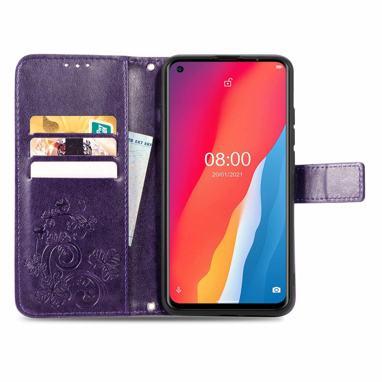 For Ulefone Note 11 Plus Four-leaf Clasp Embossed Buckle Mobile Phone Protection Leather Case with Lanyard & Card Slot & Wallet & Bracket Function(Purple) - Ulefone Cases by buy2fix | Online Shopping UK | buy2fix