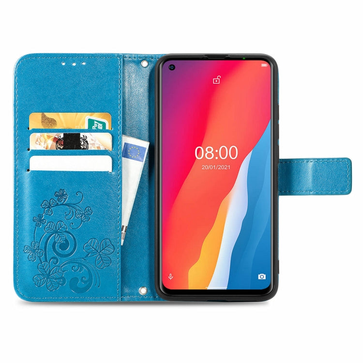 For Ulefone Note 11 Plus Four-leaf Clasp Embossed Buckle Mobile Phone Protection Leather Case with Lanyard & Card Slot & Wallet & Bracket Function(Blue) - Ulefone Cases by buy2fix | Online Shopping UK | buy2fix