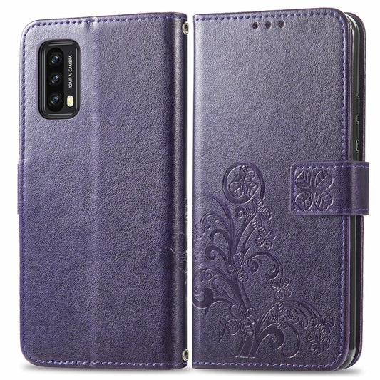 For Blackview A90 Four-leaf Clasp Embossed Buckle Mobile Phone Protection Leather Case with Lanyard & Card Slot & Wallet & Bracket Function(Purple) by buy2fix