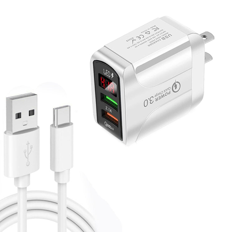 F002C QC3.0 USB + USB 2.0 LED Digital Display Fast Charger with USB to Type-C Data Cable, US Plug(White) - USB Charger by buy2fix | Online Shopping UK | buy2fix