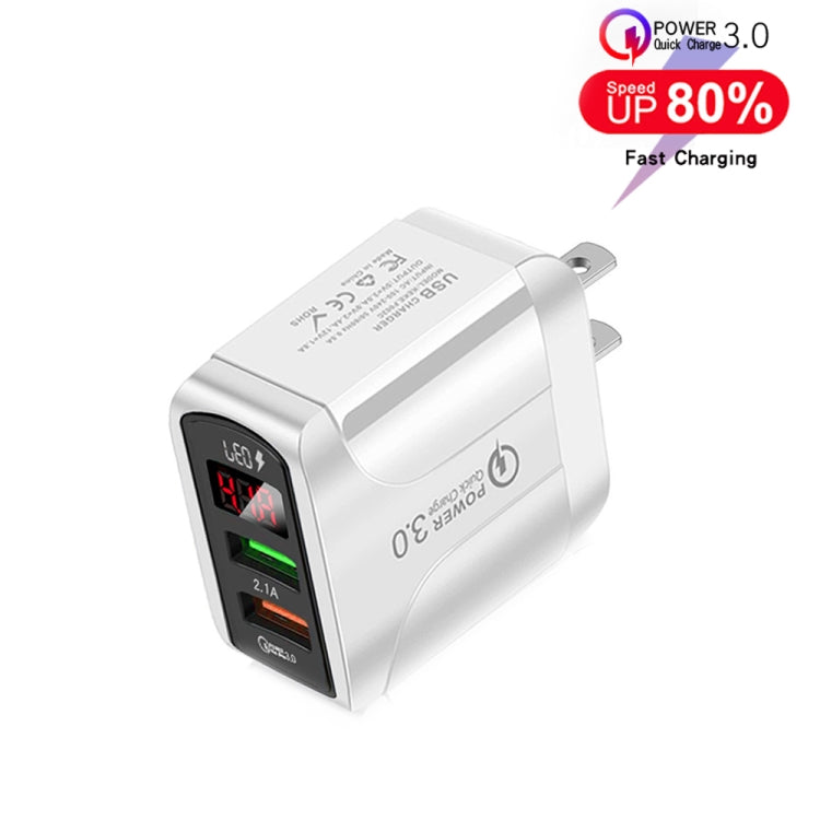F002C QC3.0 USB + USB 2.0 LED Digital Display Fast Charger with USB to Type-C Data Cable, US Plug(White) - USB Charger by buy2fix | Online Shopping UK | buy2fix