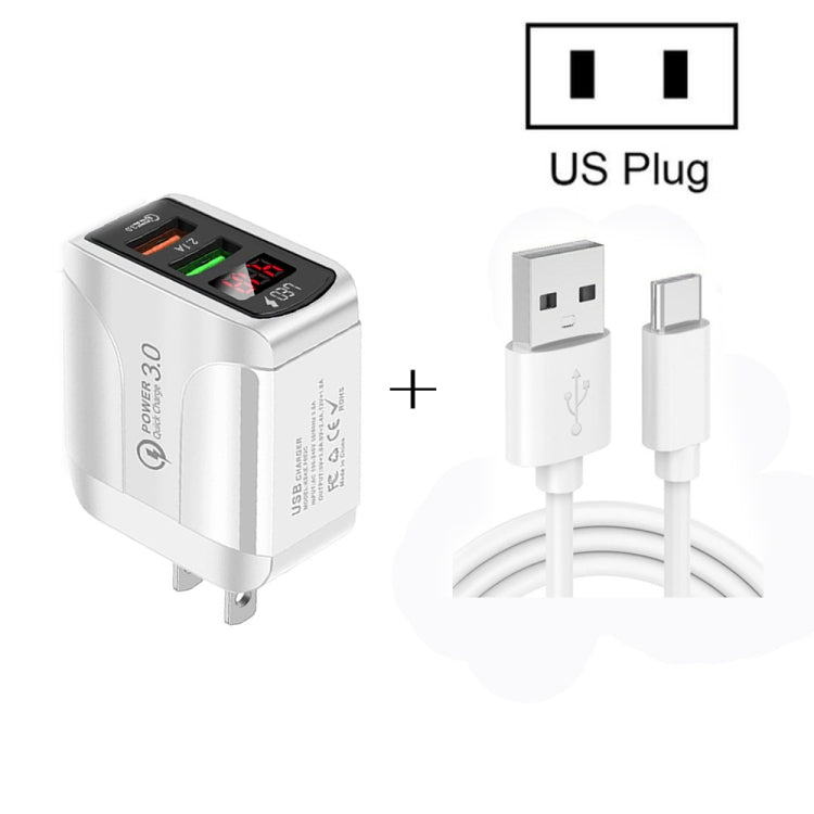 F002C QC3.0 USB + USB 2.0 LED Digital Display Fast Charger with USB to Type-C Data Cable, US Plug(White) - USB Charger by buy2fix | Online Shopping UK | buy2fix
