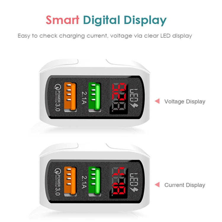 F002C QC3.0 USB + USB 2.0 LED Digital Display Fast Charger with USB to Type-C Data Cable, US Plug(White) - USB Charger by buy2fix | Online Shopping UK | buy2fix