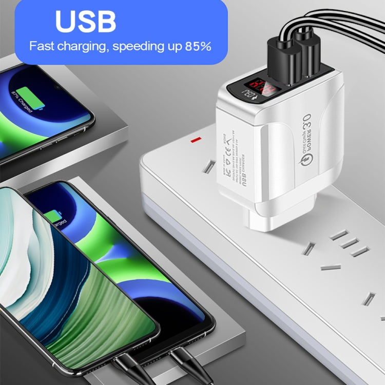 F002C QC3.0 USB + USB 2.0 LED Digital Display Fast Charger with USB to Type-C Data Cable, US Plug(White) - USB Charger by buy2fix | Online Shopping UK | buy2fix
