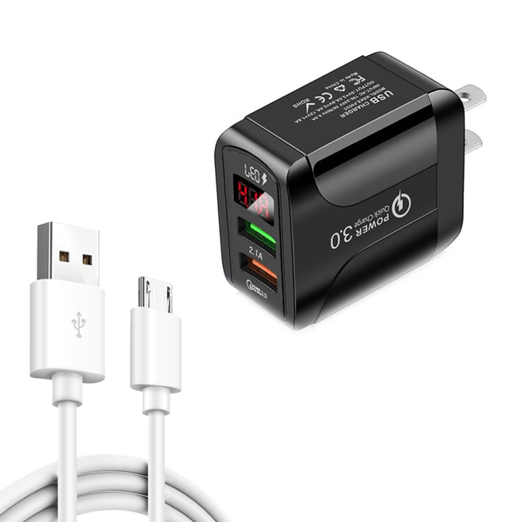 F002C QC3.0 USB + USB 2.0 LED Digital Display Fast Charger with USB to Micro USB Data Cable, US Plug(Black) - USB Charger by buy2fix | Online Shopping UK | buy2fix
