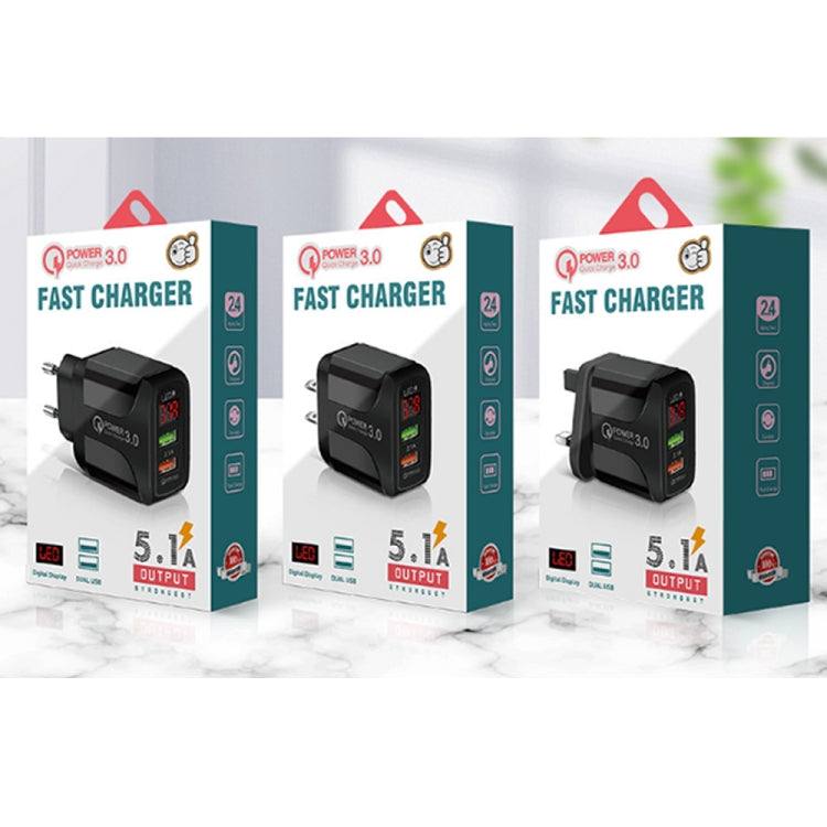 F002C QC3.0 USB + USB 2.0 LED Digital Display Fast Charger with USB to Micro USB Data Cable, EU Plug(Black) by buy2fix