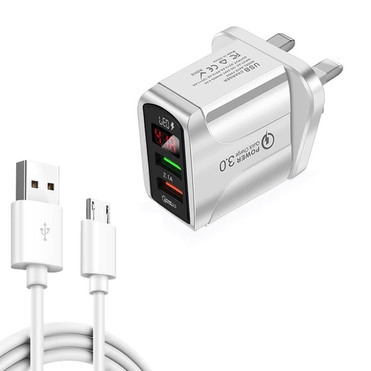 F002C QC3.0 USB + USB 2.0 LED Digital Display Fast Charger with USB to Micro USB Data Cable, UK Plug(White) - USB Charger by buy2fix | Online Shopping UK | buy2fix