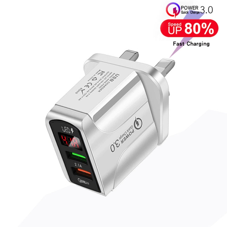 F002C QC3.0 USB + USB 2.0 LED Digital Display Fast Charger with USB to Micro USB Data Cable, UK Plug(White) - USB Charger by buy2fix | Online Shopping UK | buy2fix