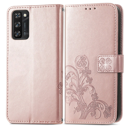 For Blackview A100 Four-leaf Clasp Embossed Buckle Mobile Phone Protection Leather Case with Lanyard & Card Slot & Wallet & Bracket Function(Rose Gold) by buy2fix