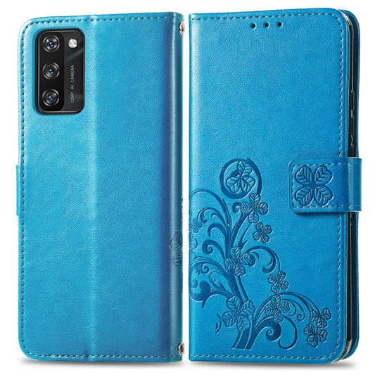 For Blackview A100 Four-leaf Clasp Embossed Buckle Mobile Phone Protection Leather Case with Lanyard & Card Slot & Wallet & Bracket Function(Blue) by buy2fix