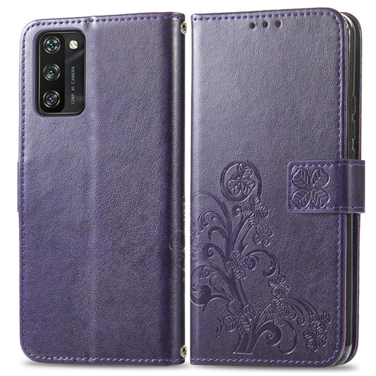 For Blackview A100 Four-leaf Clasp Embossed Buckle Mobile Phone Protection Leather Case with Lanyard & Card Slot & Wallet & Bracket Function(Purple) by buy2fix
