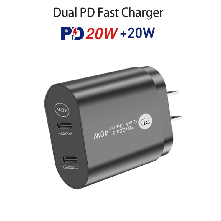 002 40W PD3.0 Dual Port USB-C / Type-C Charger with Type-C to Type-C Data Cable, US Plug(Black) - USB Charger by buy2fix | Online Shopping UK | buy2fix