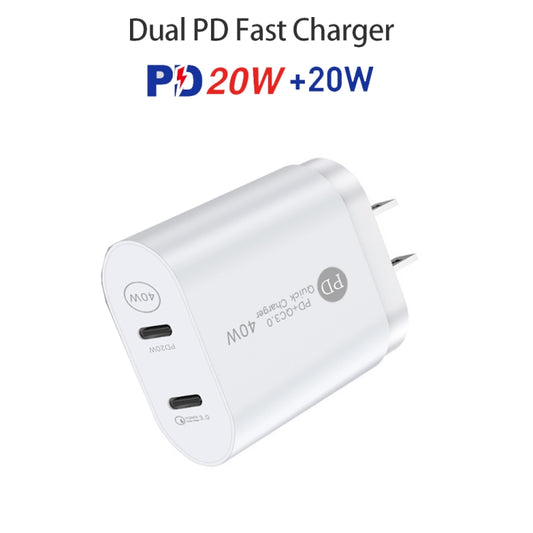 002 40W PD3.0 Dual Port USB-C / Type-C Charger with Type-C to Type-C Data Cable, US Plug(White) - USB Charger by buy2fix | Online Shopping UK | buy2fix