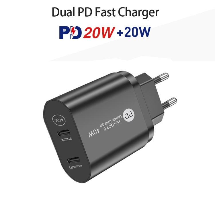 002 40W PD3.0 Dual Port USB-C / Type-C Charger with Type-C to Type-C Data Cable, EU Plug(Black) - USB Charger by buy2fix | Online Shopping UK | buy2fix