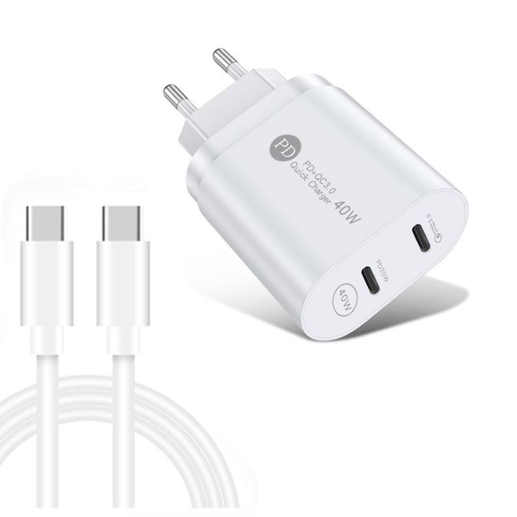 002 40W PD3.0 Dual Port USB-C / Type-C Charger with Type-C to Type-C Data Cable, EU Plug(White) - USB Charger by buy2fix | Online Shopping UK | buy2fix