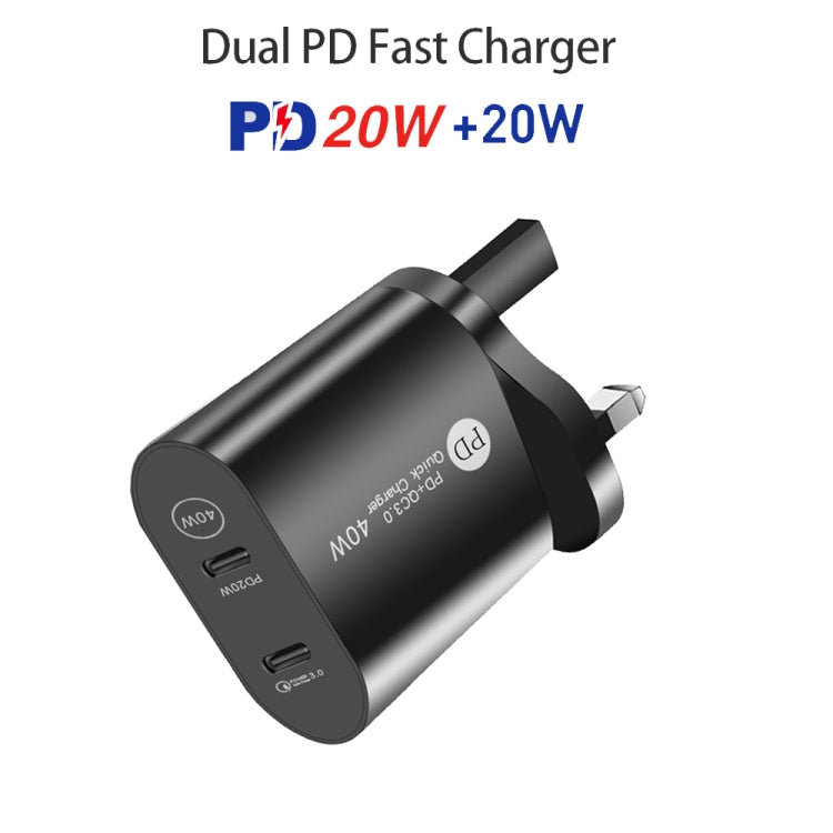 002 40W PD3.0 Dual Port USB-C / Type-C Charger with Type-C to Type-C Data Cable, UK Plug(Black) - USB Charger by buy2fix | Online Shopping UK | buy2fix