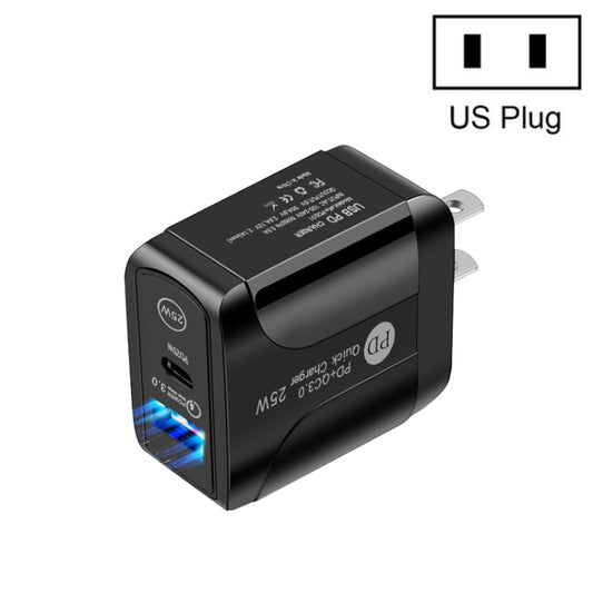 PD25W USB-C / Type-C + QC3.0 Dual Ports Fast Charger with USB to Micro USB Data Cable, US Plug(Black) by buy2fix