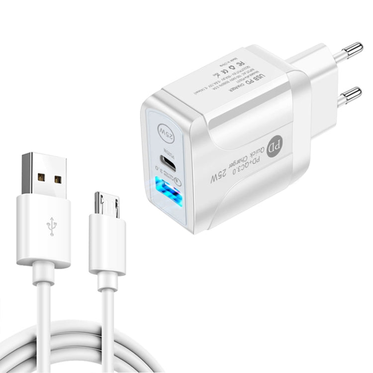 PD25W USB-C / Type-C + QC3.0 USB Dual Ports Fast Charger with USB to Micro USB Data Cable, EU Plug(White) - USB Charger by buy2fix | Online Shopping UK | buy2fix
