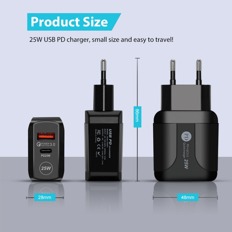 PD25W USB-C / Type-C + QC3.0 USB Dual Ports Fast Charger with USB to Micro USB Data Cable, EU Plug(Black) - USB Charger by buy2fix | Online Shopping UK | buy2fix
